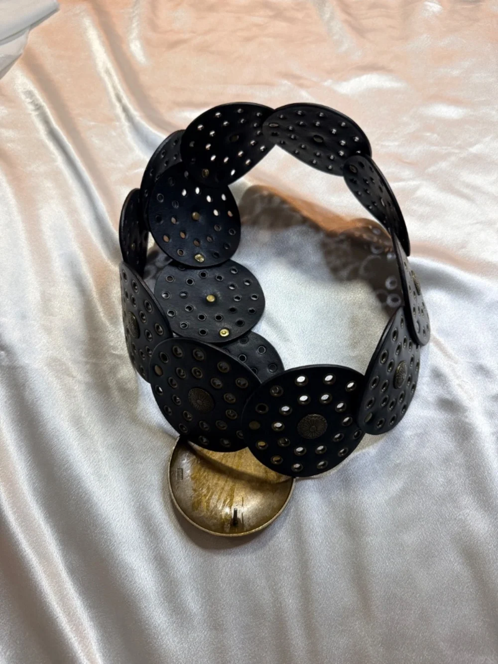 Vintage Y2K Black Disc Concho Belt Brass Grommets Boho Western Statement Belt
